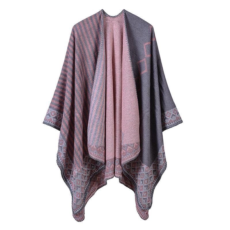 Women Poncho Scarf Cardigan Striped Vintage Warm Cape Shawl Long Scarves Pashmina Outwear One Size pink