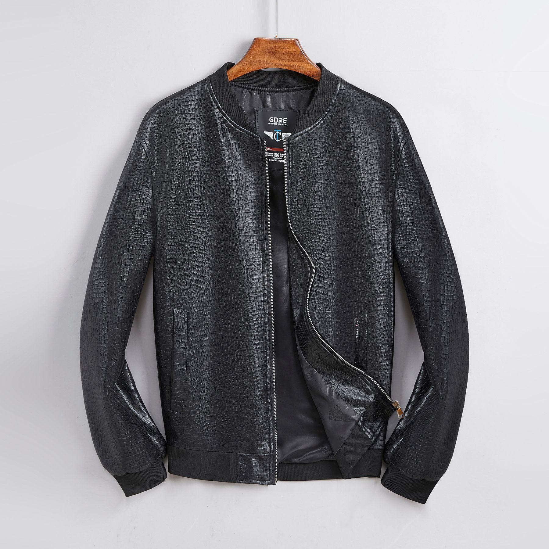 Crocodile Print New Spring and Autumn Thin Men's Leather Coat Slim Casual Fashion Stand Collar Youth Leather Jacket Men XL