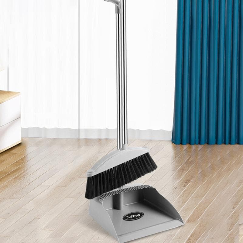 Household foldable standing broom with teeth Plastic soft hair broom dustpan set grey