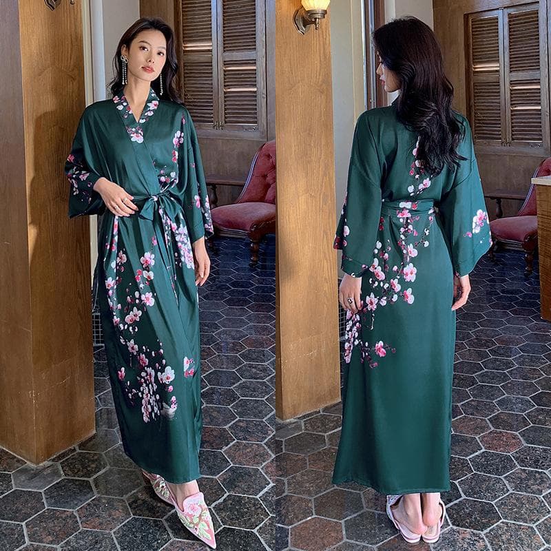 Plus Size Female Long Robe Sleppwear Print Flower Kimono Bathrobe Gown Loungewear Spring Summer Loose Casual Satin Home Dress One size