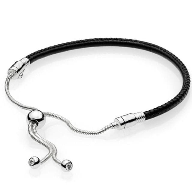 Pink and Black Leather with Adjustable Sliding Clasp Bangle Bracelet Beaded Jewelry