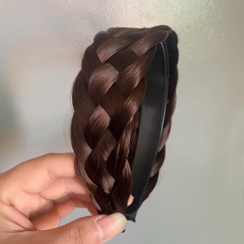 Fashion Ladies Wide Twist Knot Wig Headband Handmade Herringbone Braid Hairband High Skull Top Pressure Hairband Hair Style Headdress Width:4.5cm dark brown
