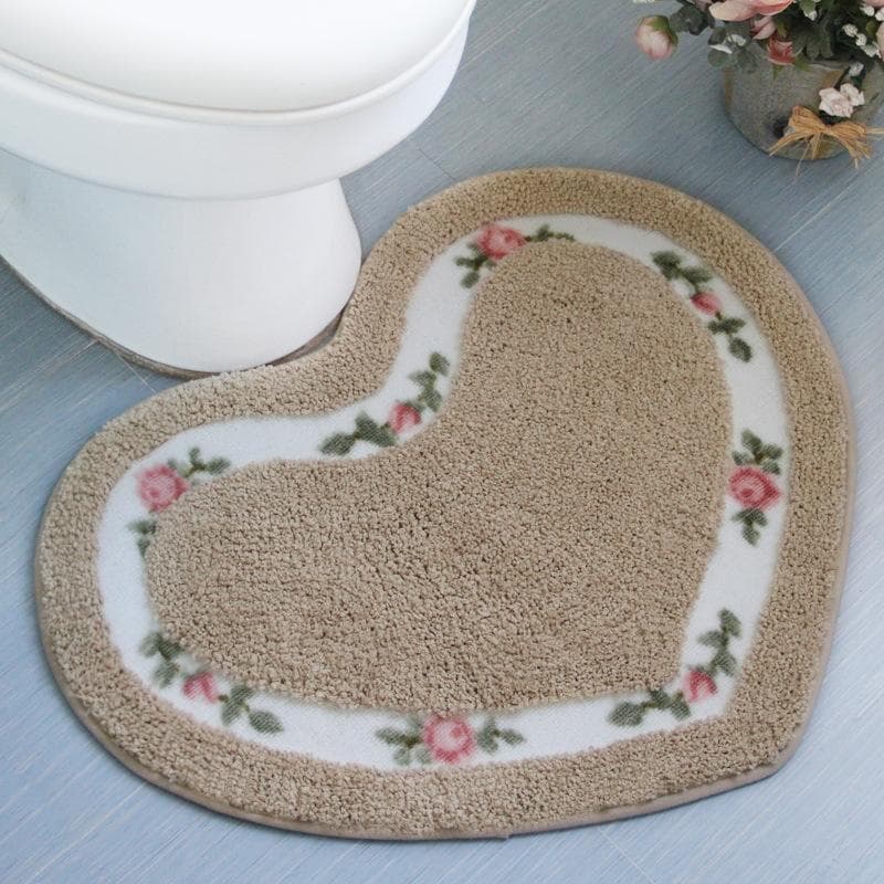 Heart Shape Nonslip Bath Mat Embroidered Toilet Rug Kit Water Absorption Door Mat for Bathroom Toilet Bedroom 2 Sizes Floor Mat camel