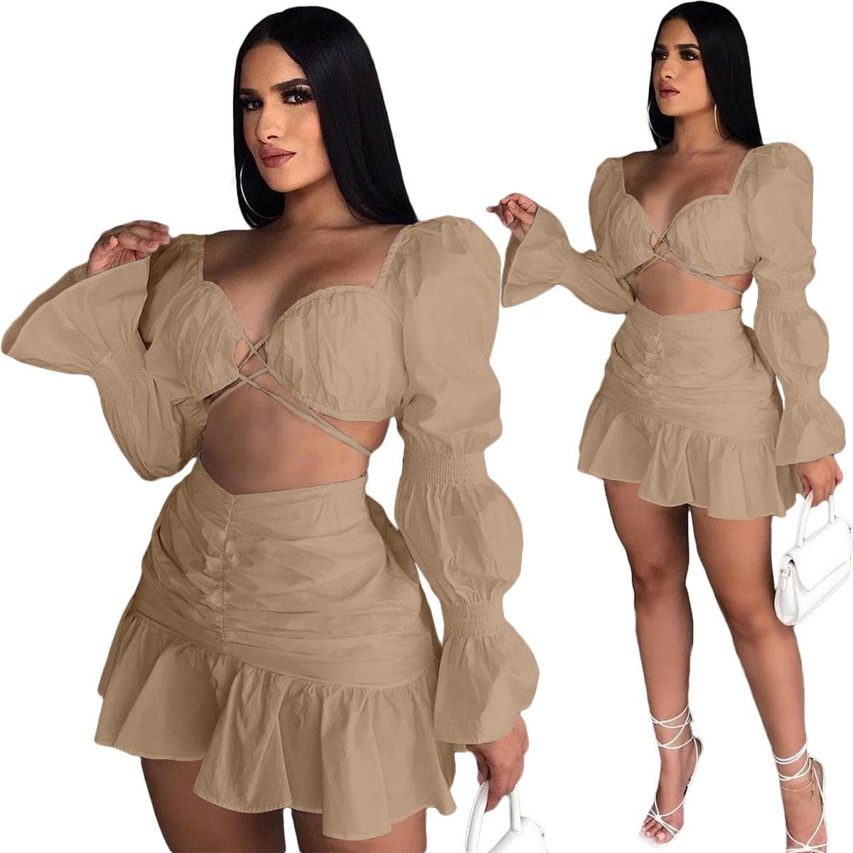 Women Skirts Set Solid Bandage Puff Sleeve Crop Tops Mini Skirt Two 2 Piece Sets Sexy Night Clubwear Fashion Outfit Fall M