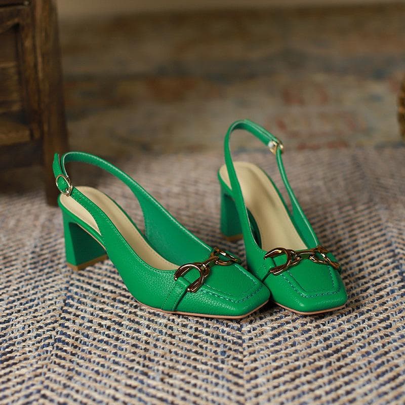 Back Empty Baotou Sandals Women  Women's New Summer Style Square Head Thick Heel Horseshoe Buckle High Heel Shoes Women 37 green