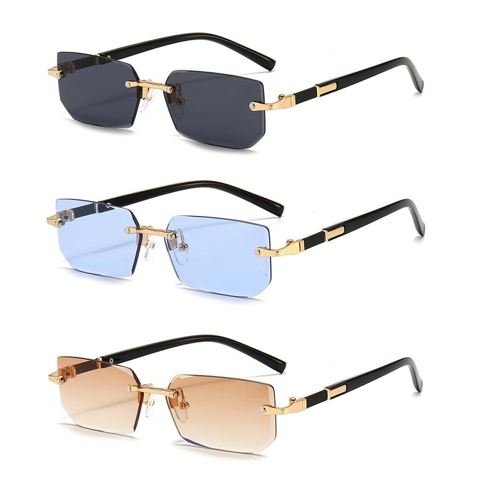 3 Pcs Set Rimless Sunglasses Rectangle Fashion Women Men Shades Small Square Sun Glasses For Summer Travel MULTI