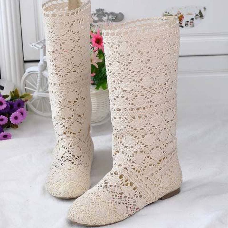 Lace Hollow Boots Shoes Breathable Knit Line Mesh Korean High Summer Women Boots Knee High Womens Shoes 35 beige