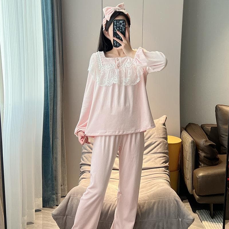 Velvet Pajamas for Women Autumn Winter New Long Sleeved Pants Set Sweet Style Lace Lapel Pullover Pijamas Nightwear Homewear XL