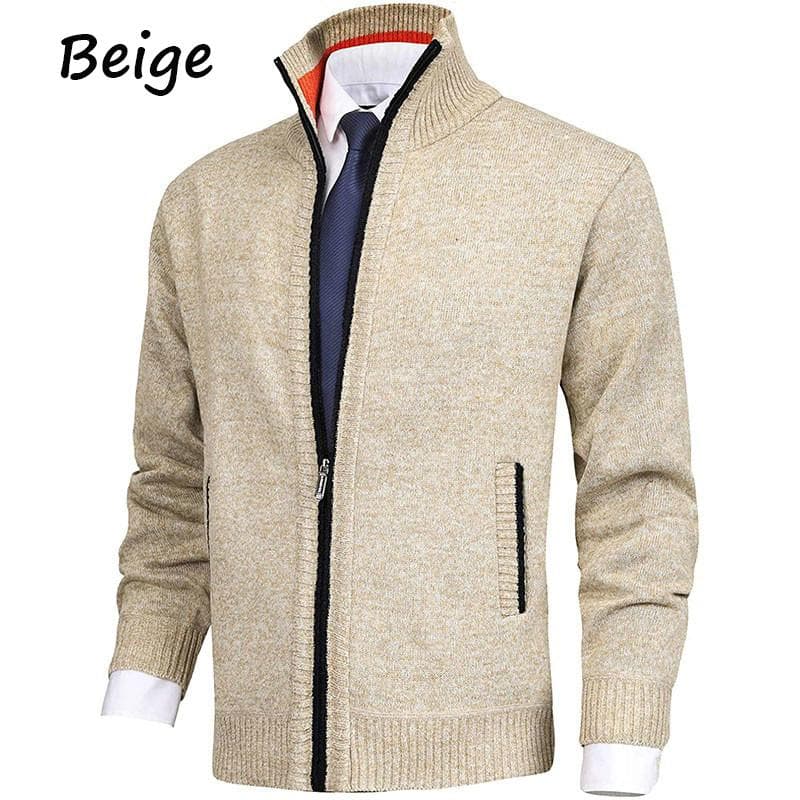 Men's Casual Knit Cardigan Sweaters Slim Fit Fleece Full Zip Thick Knitted Cardigan Winter Outwear XL beige
