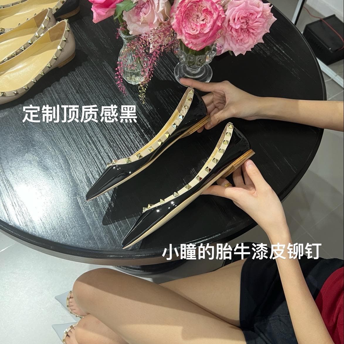 Luxury Brand Rivet Midsole Heel Shoes Leather Pointed Shallow Cut Flat Bottom Women's Shoes Versatile Fashion Women's Pumps 41 black