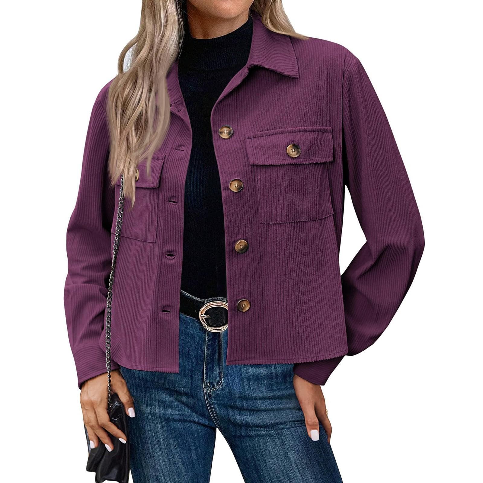 Women's Solid Color Casual Short Corduroy Button Jacket L purple