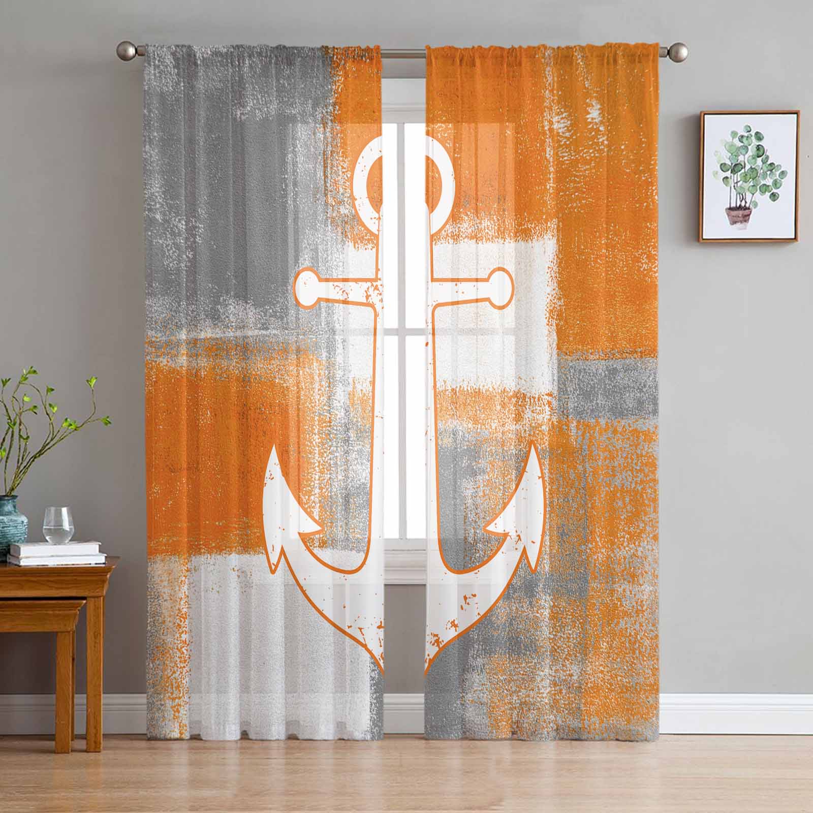 Retro Abstract Paint Ship Anchor Orange Window Tulle Curtains for Living Room Bedroom Hotel Luxury Decoration Sheer Curtains 135W x 114H(cm)