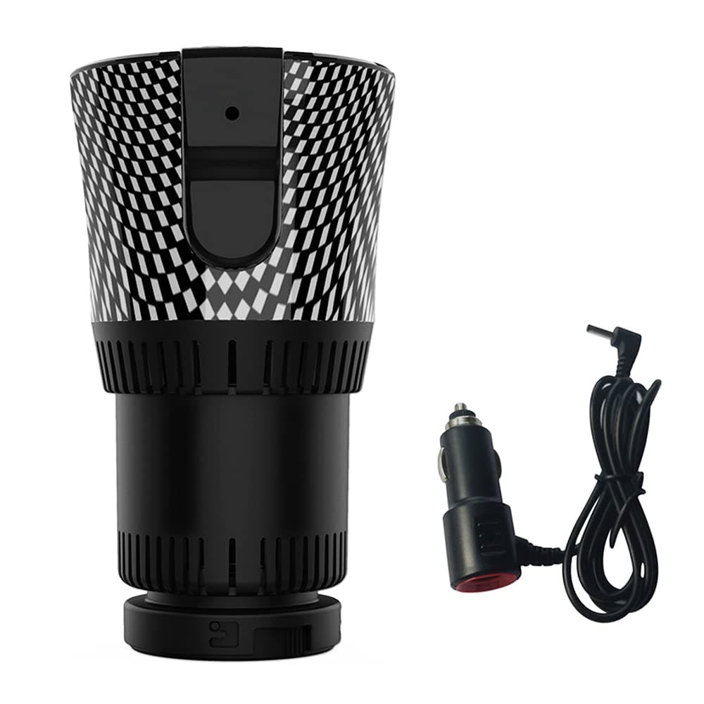 In-car drink cooler with 7cm inner diameter, compatible with hot and cold drinks, cigarette lighter powered, and fits PET bottles, aluminum cans, and