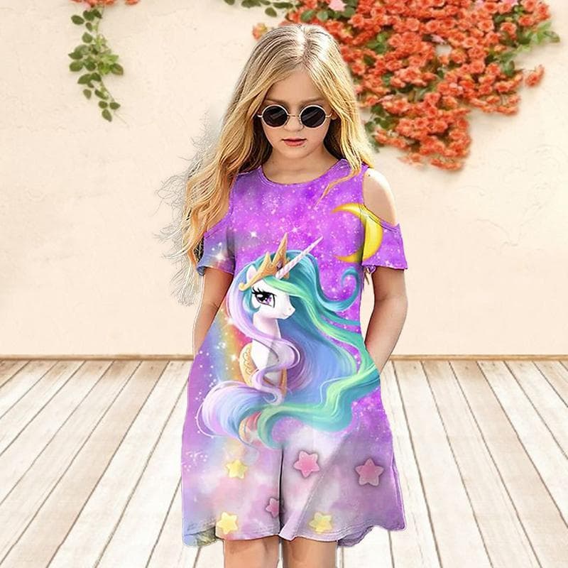 Girls Floral Pink Horse Print Dresses Kids Girl Party Off Shoulder Dress Princess Dress Short Sleeved Dress Over Four Years Old 140 purple