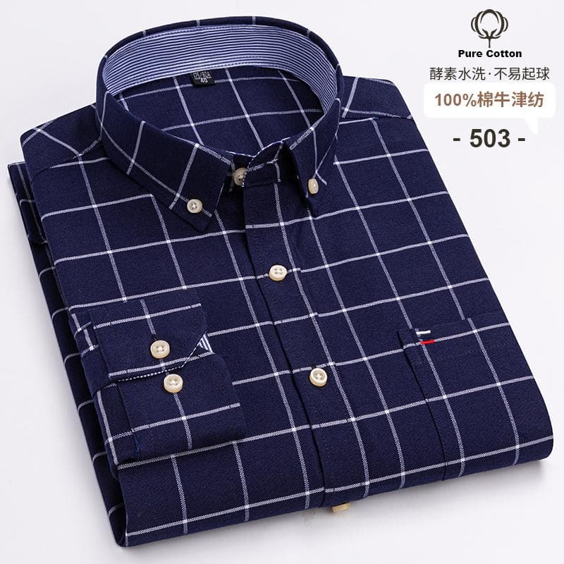 100% Cotton Oxford Men's Shirts Long Sleeves Plaid Soft Regular Fit Formal Dress Shirt Pocket Social Blouse Male Clothes S-7XL M