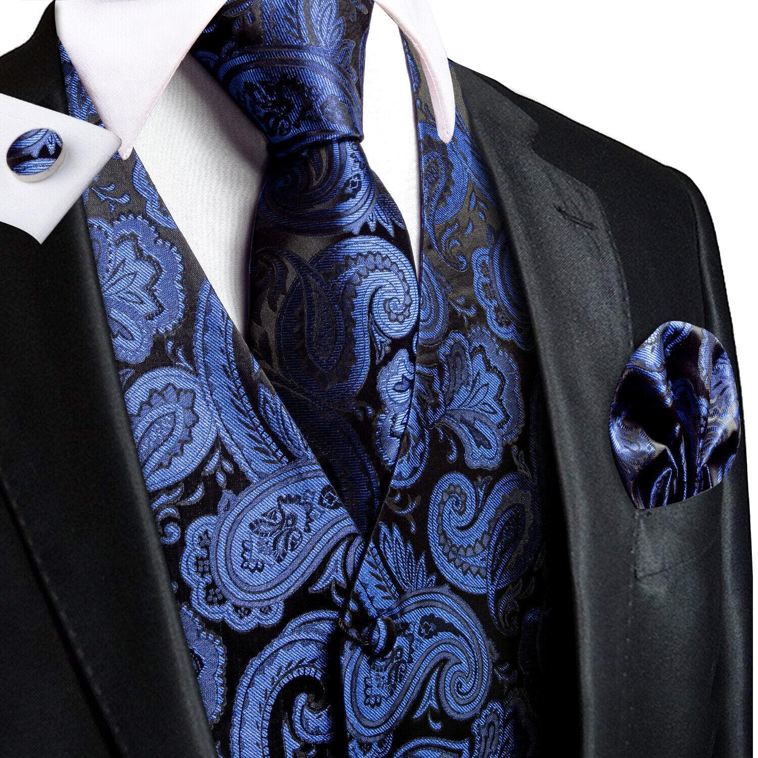 Hi-Tie Tuxedo waistcoat for Men Suit Vest Necktie Handkerchief Cufflinks Set for Wedding Business M
