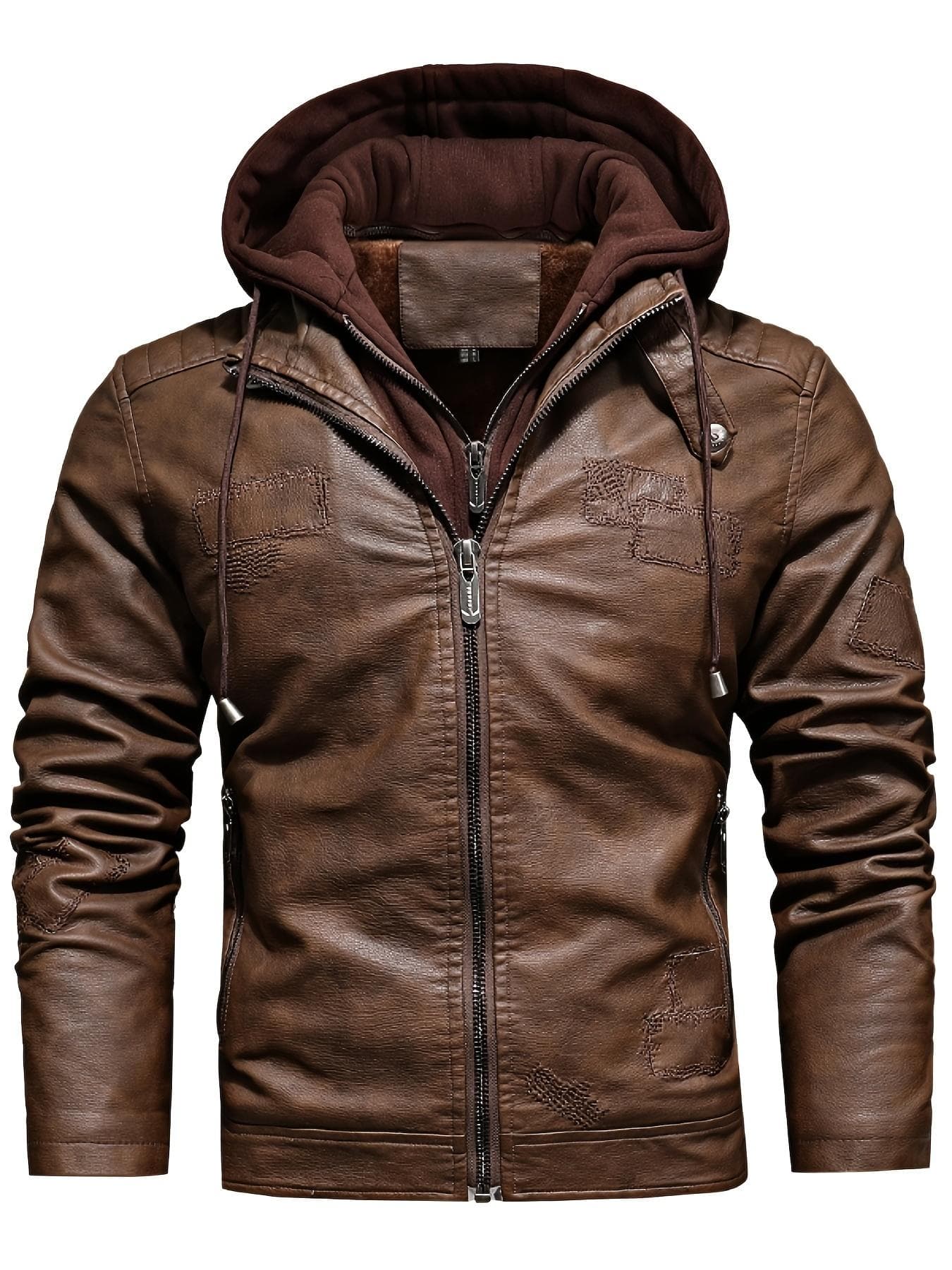 Men's Long Sleeve And Zipper PU Jacket With Stand Collar, Zippered Pockets And Detachable Hood, Chic And Stylish Slim Fit Jacket For Outdoors Wear XXXL dark brown