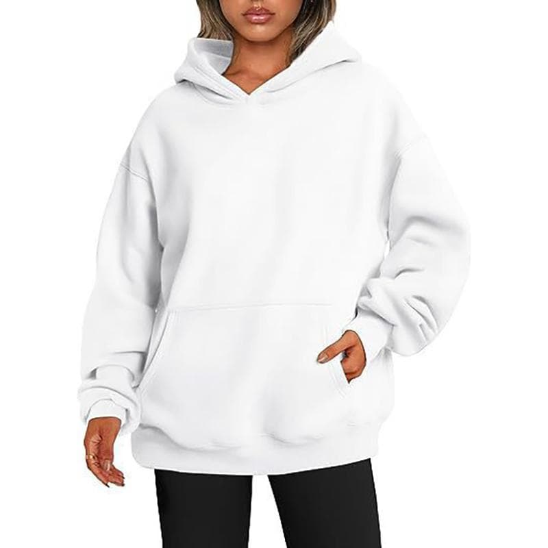 Women's Hooded Pullover Sweatshirt Solid Color Oversized Loose Casual Fleece Sweatshirt M white