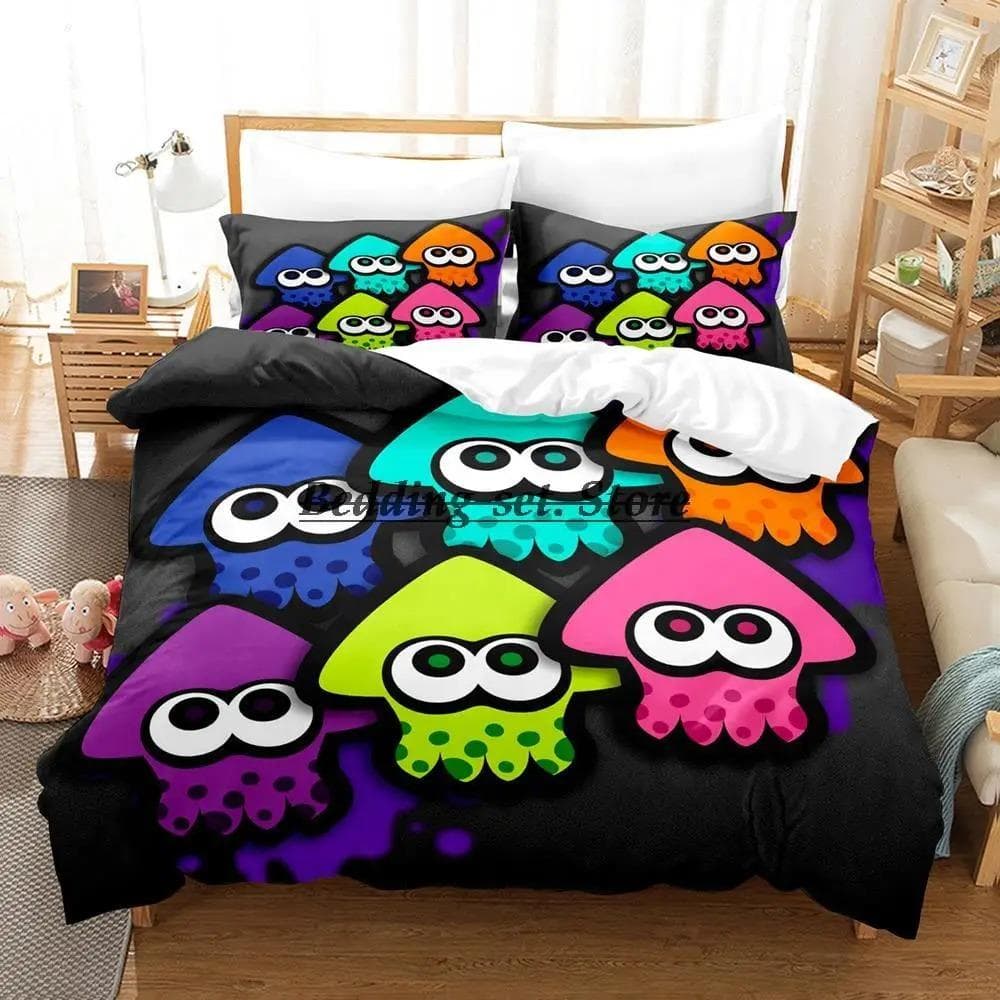 Splatoon 3 Inkling Squid Bedding Set Single Twin Full Queen King Size Bed Set Aldult Kid Bedroom Duvetcover Sets Bed Sheet Set EU Single 135x200cm