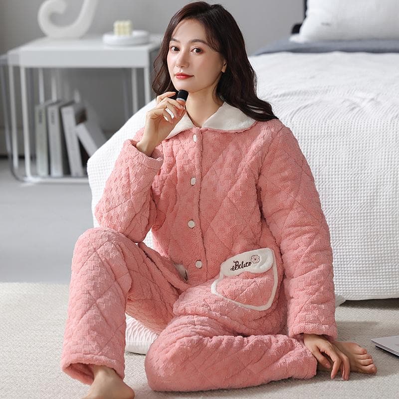 Women's Three-layer Cotton Pajamas Set Winter Thickened and Warm Women's Pajamas, Comfortable, Soft and Elegant Women's Home Wear 3XL