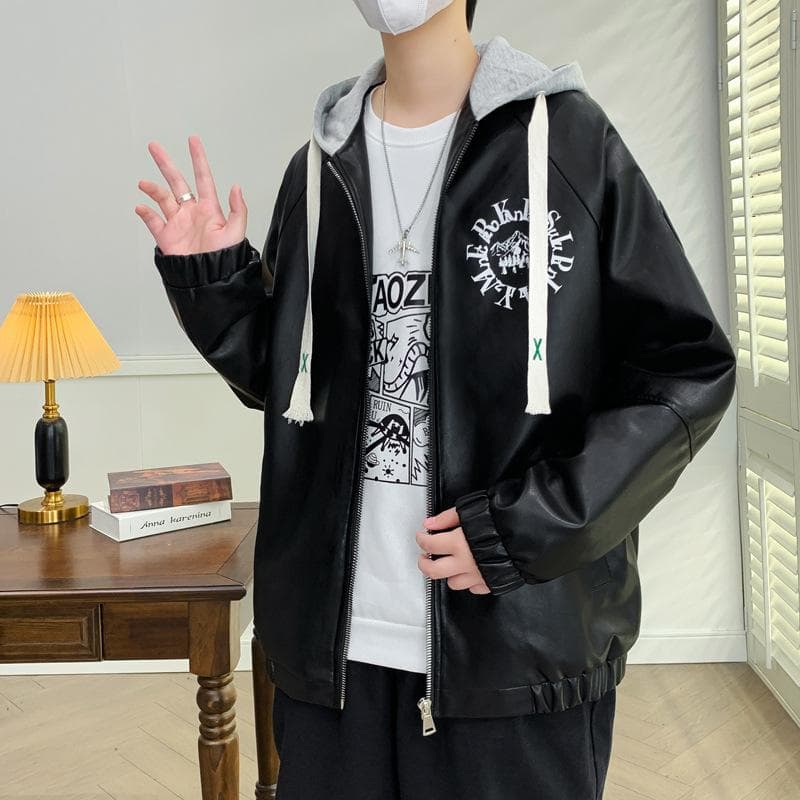 PU Leather Jacket Autumn New Men's Trend Versatile Loose Hooded Leather Jacket 4XL