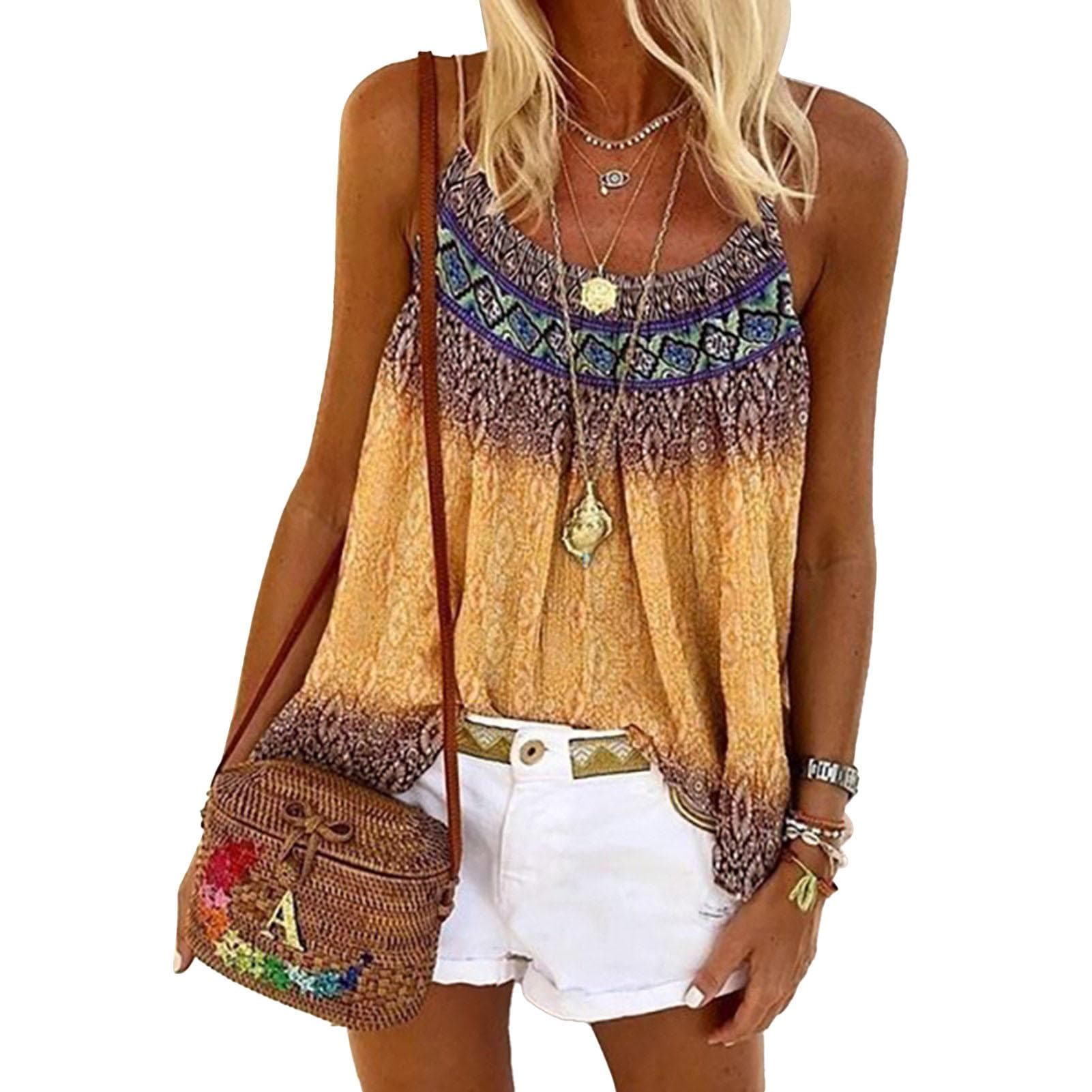 Crewneck Spaghetti Strap Tank Top Women Summer Loose Casual Print Sleeveless Top Shirt for Office 2XL yellow