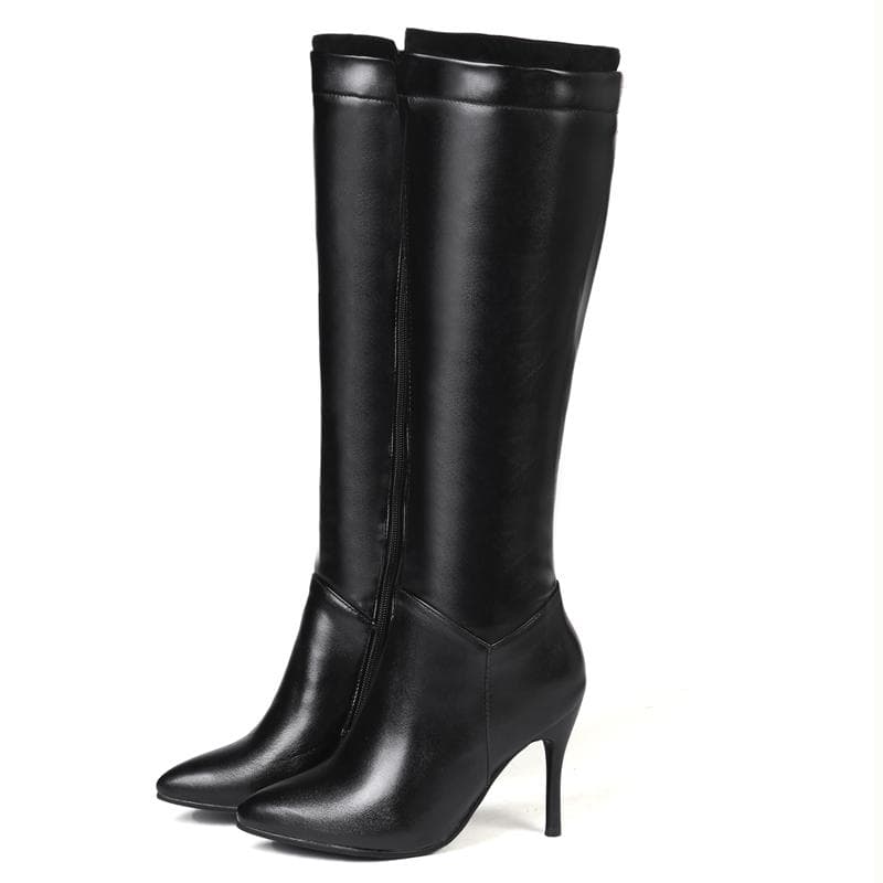 Classic Autumn Winter Knee High Boots Lady Fashion High Heels Boot Women PU Leather Black White Zipper Long Shoes Big Size 45 39 black