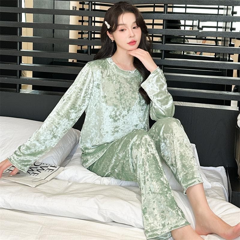 Women's Autumn and Winter Pajamas Large Size Velvet Warm Casual Comfortable Loose Long Sleeve Round Neck Homewear Set 3XL green