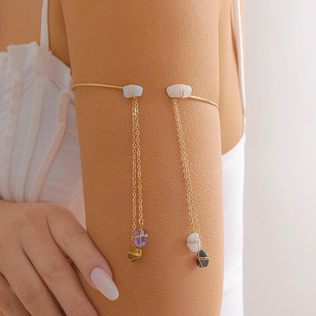 Ingemark Bohemian Natural Stone Upper Armband Cuff Open Bangles for Women Tassel Long Chain Pendant Arm Body Bracelet Jewelry gold