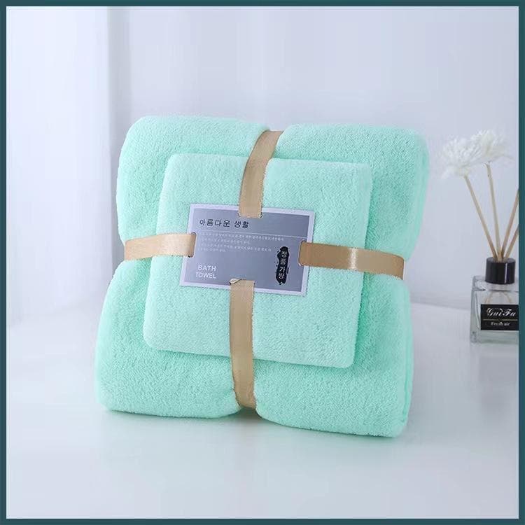 Coral Velvet Towel Set Bath Towel Household Large Size Water Absorbing Quick Drying Swimming Beach Towel Bathroom Accessories 2Pcs/set green