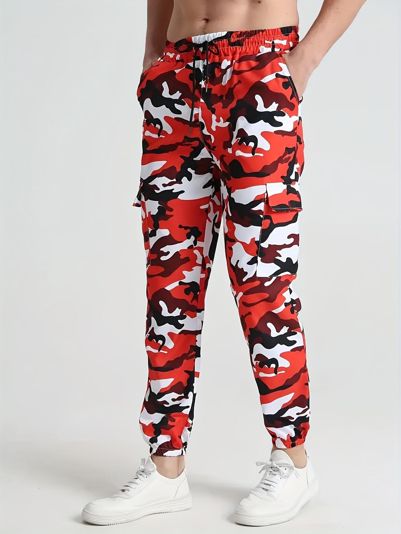 Men's Stylish Comfy Camouflage Pattern Joggers Pockets Slim-fit Drawstring Bottom Hiking Jogging Cycling Outdoor Pants S red