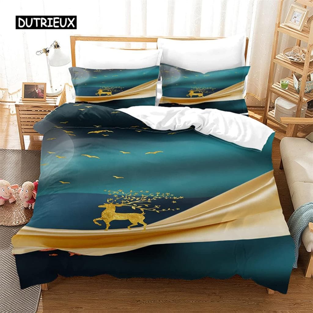 Duvet Cover Gold Bird Elk Set Twin Full Line Art Bedding Set Microfiber Abstract Geometric Deer Comforter Cover Bedroom Decor EU single(135x200cm)