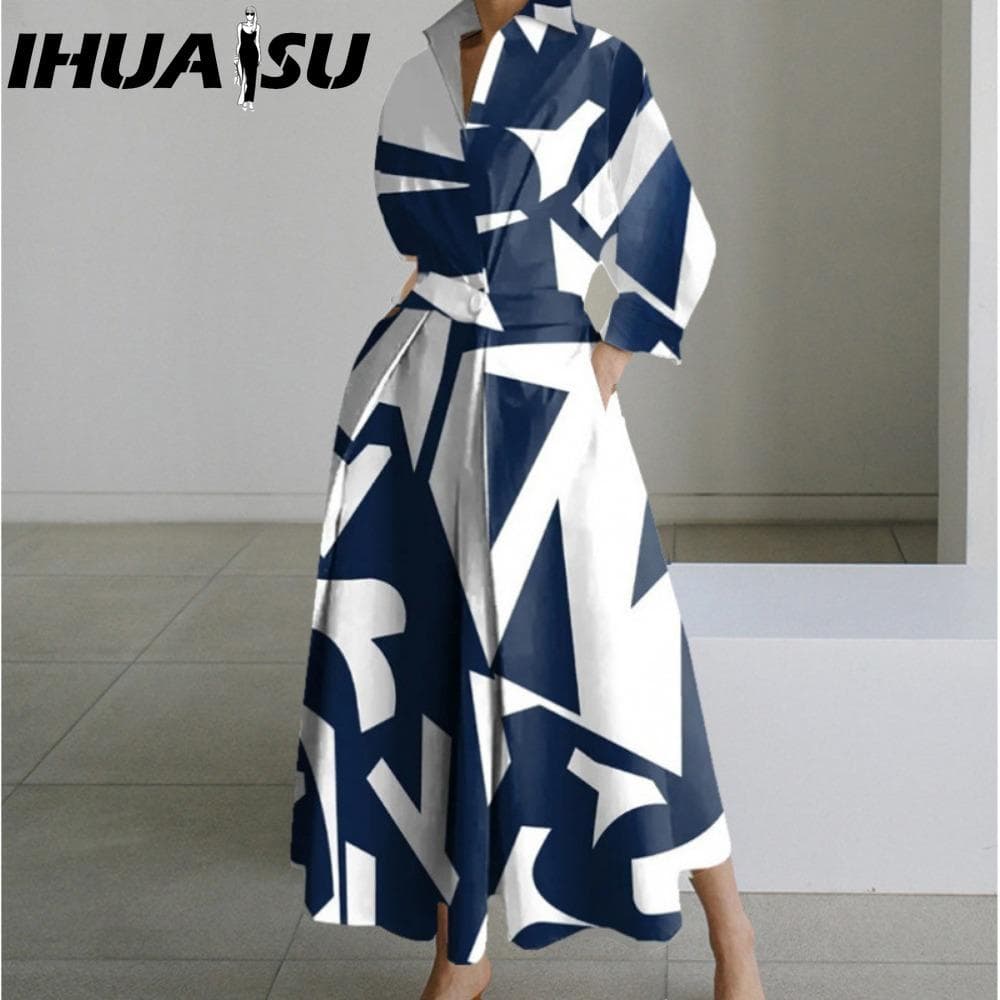 IHUASU Women's Fashion Spring Autumn Long Sleeve POLO-Neck Casual Dresses XXXL