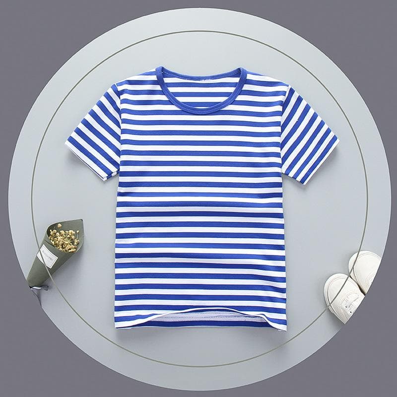 Summer Children's Round Neck Short-sleeved Pure Cotton Striped T-shirt Hot Weather Stretch 110cm blue