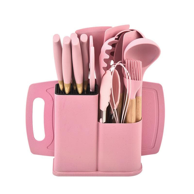 19pcs Heat Resistant Silicone Kitchen Utensil Set with Non Stick Tools and Knives in Bamboo Storage Ideal for Easy Cooking pink