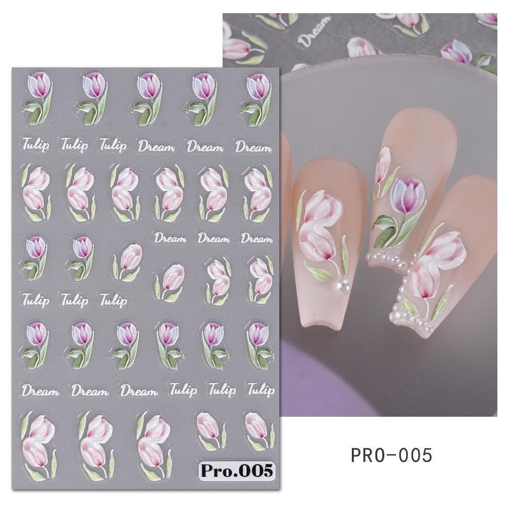 5D Embossed Nail Stickers Pink Peony Lily Rose Flowers Design Self-Adhesive Nail Transfer Sliders Decals DIY Manicure Decals PRO-005
