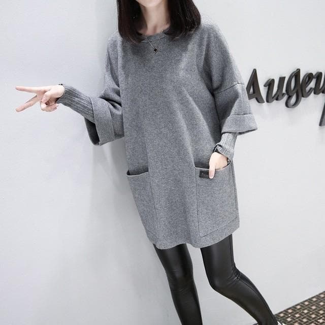 Korean Autumn Winter Pulse Size Cotton Sweatshirts Loose Drop Sleeve X-long O-Neck Female Pockets Decoration Two Fake Pieces XXL gray