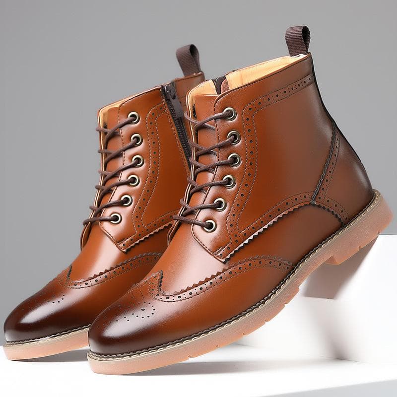Men's High Top Business Casual Leather Shoes Brogue Engraved Martin Boots Large Size Outdoor Sports Leather Boots 38