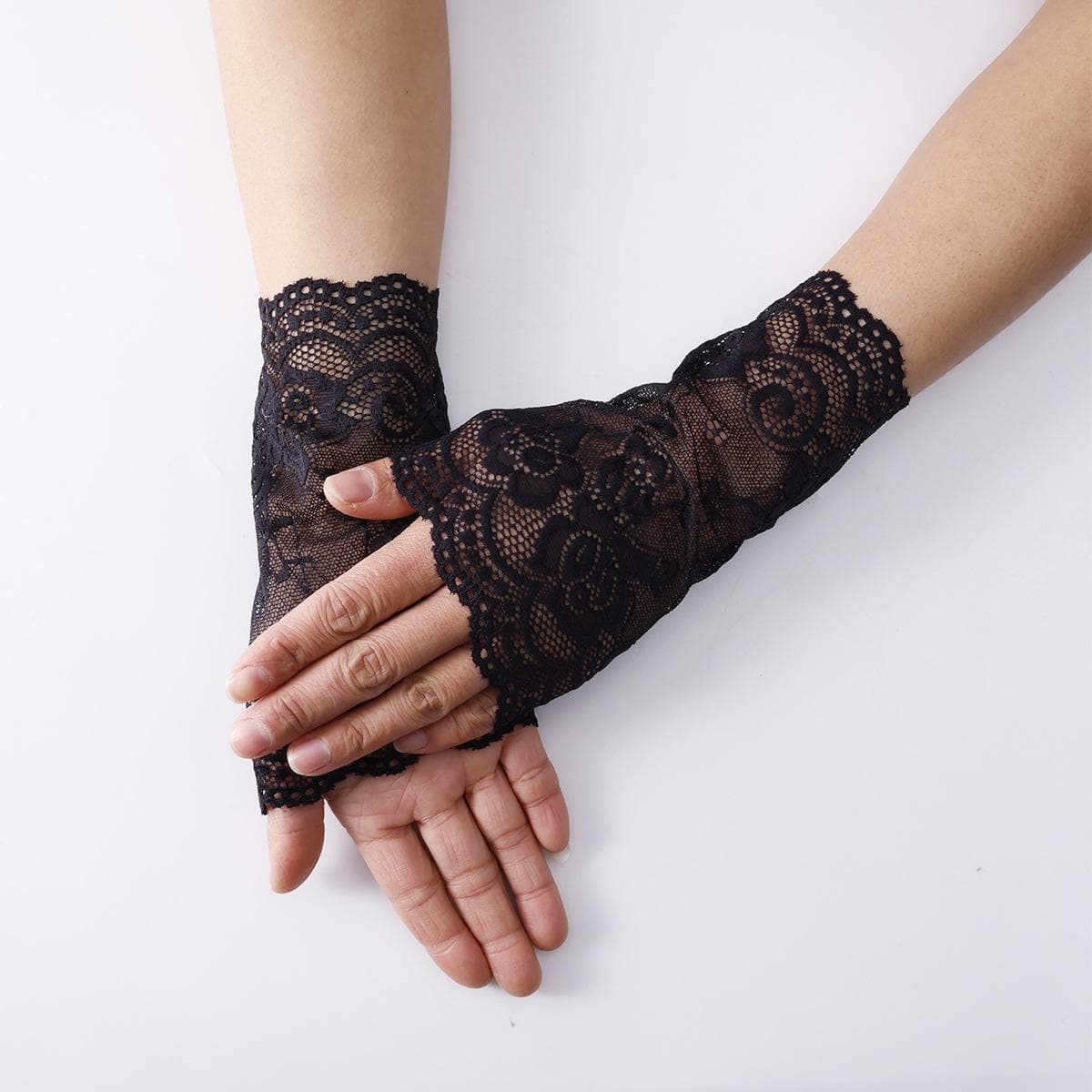 Women Short Lace Hollow-Out Fingerless Gloves Sun Protection Sleeves Mesh Thin Cycling Sexy Mittens Half Finger Handschoenen black