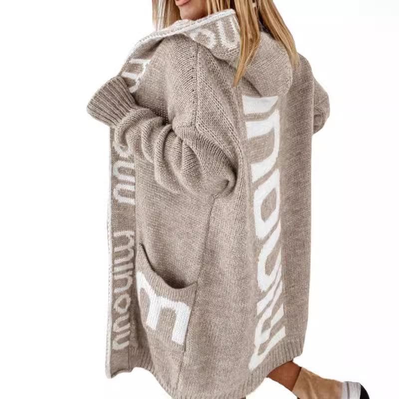 Women's Sweater Autumn and Winter Trendy Medium and Long Cardigan Loose Personality Letter Hooded Knitted Jacket XL