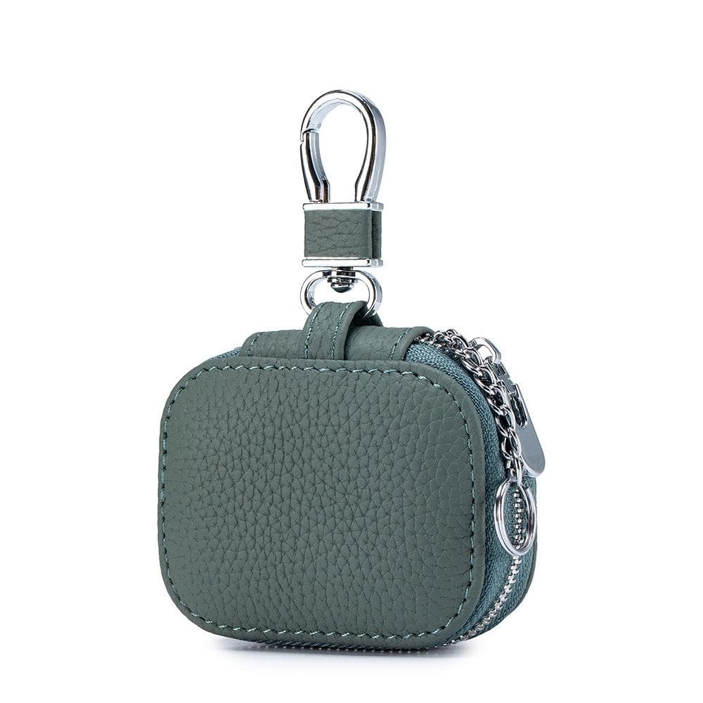 Solid Color Genuine Leather Small Square Zipper Keys Earphone Bags Cow Leather Protective Cases Bluetooth Headset Bag green