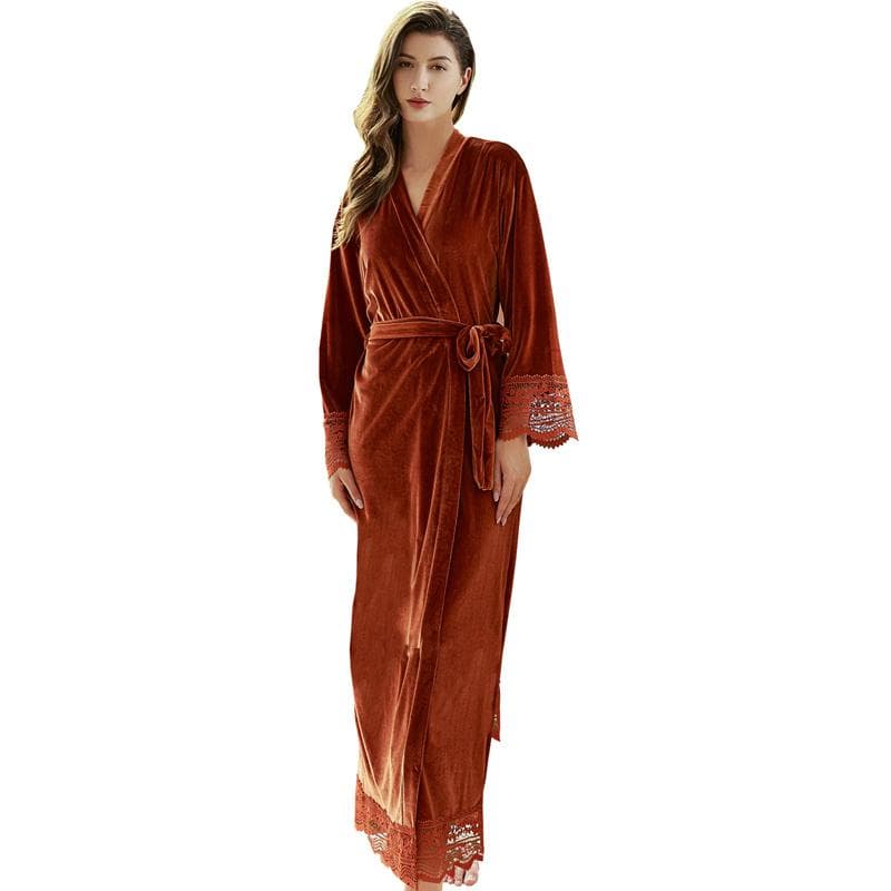 Sleepwear Dressing Gown Nightdress Autumn Winter Velvet Nightgown Kimono Robe Sexy Lace Long Nightwear Bathrobe Loose Home Wear XL orange