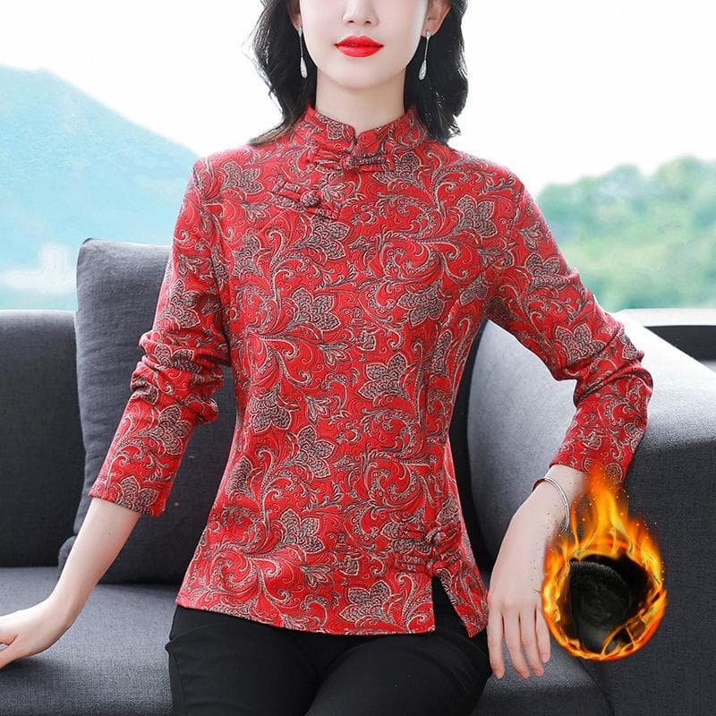 Winter Mom Fleece Bottom Shirt Women's Retro Chinese Button Tang Clothing Shirt Top 4XL red