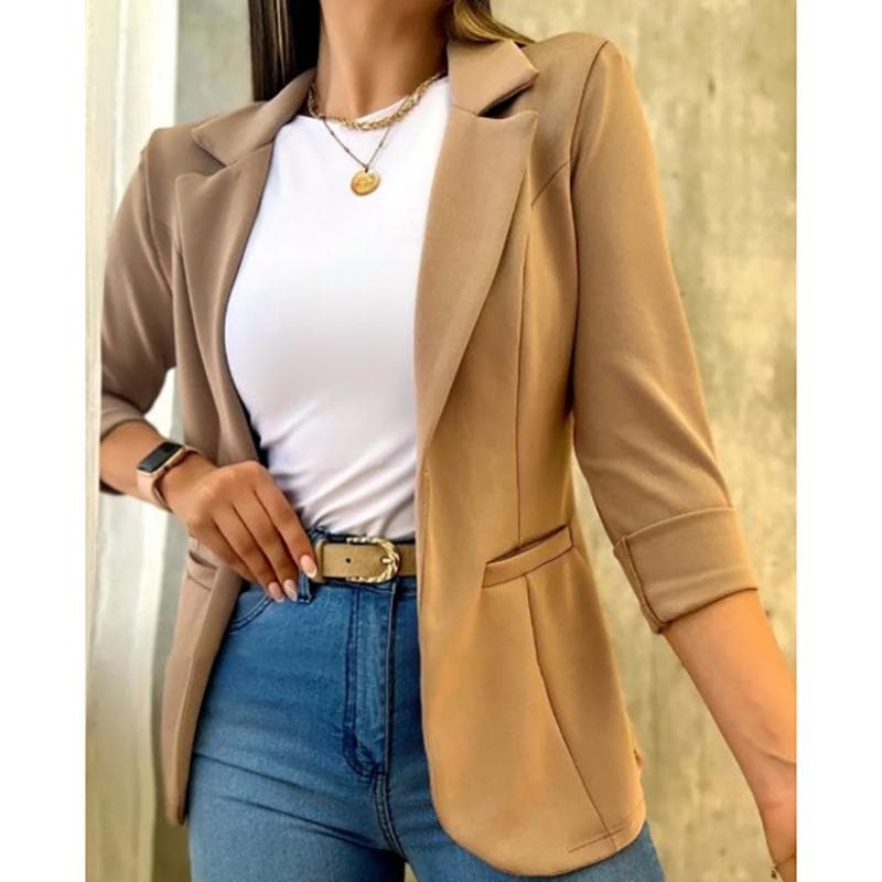 Autumn Solid Color Minimalist Long Sleeve Blazer Suit Collar Jacket Women's Coats Clothing M khaki