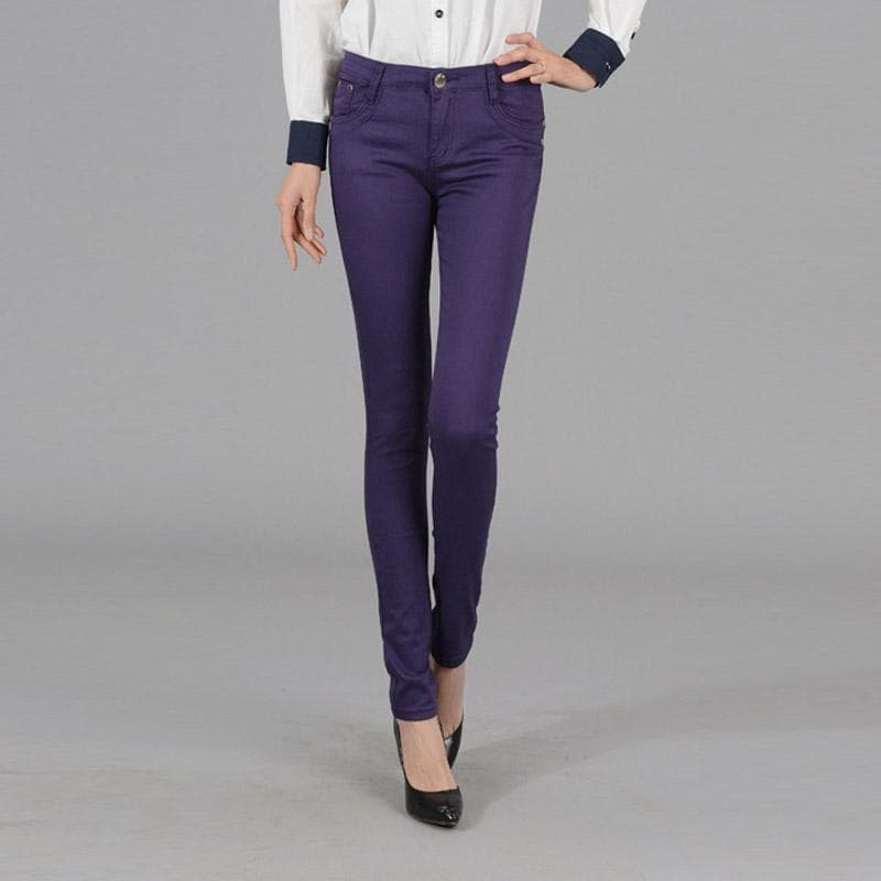 Women Ladies Pencil Pants Summer Pockets Button Skinny Calf Length Pants Casual Stretch Trousers Plus Size Female Pants M dark purple