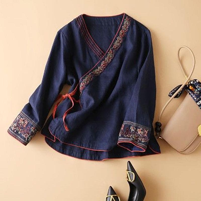 Spring Autumn Chinese Cotton Hemp Embroidery Women's Summer Hanfu Loose Comfortable Chinese Shirt Clothes L blue