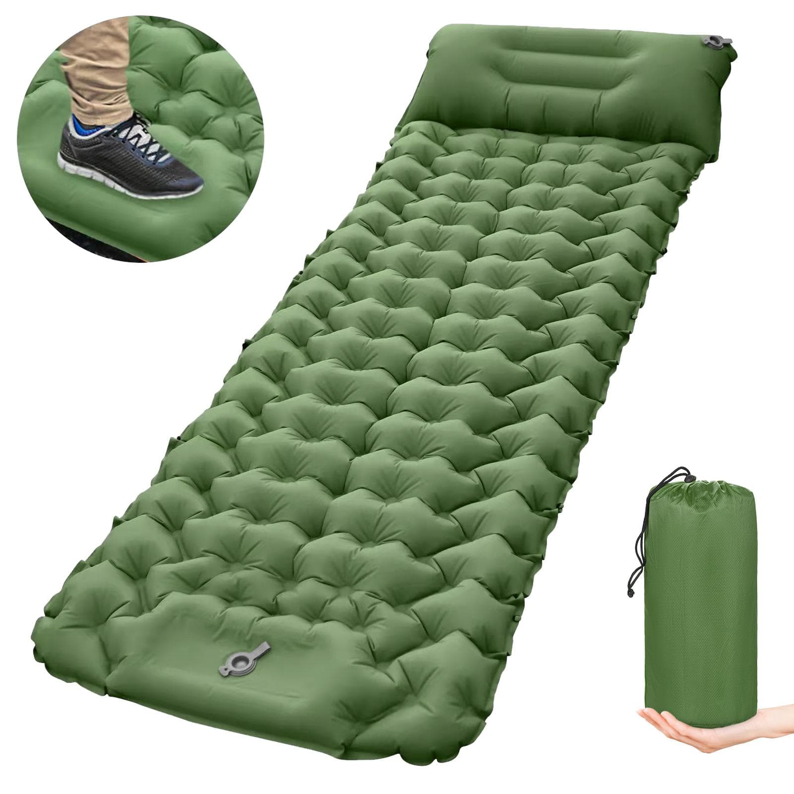 Camping Sleeping Pad with Pillow Builtin Pump Ultralight Inflatable Sleeping Mat Waterproof green