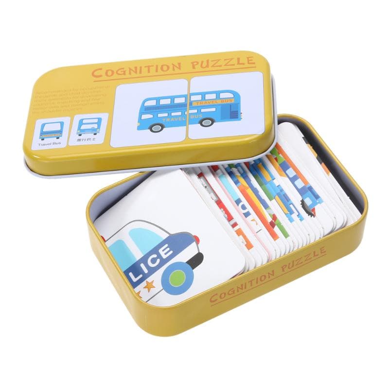 32PCS Baby Cognition Puzzles Toys Toddler Iron Box Cards Matching Game Cognition Cards Vehicle Fruit Animal Life Sets Pair Puzzles yellow