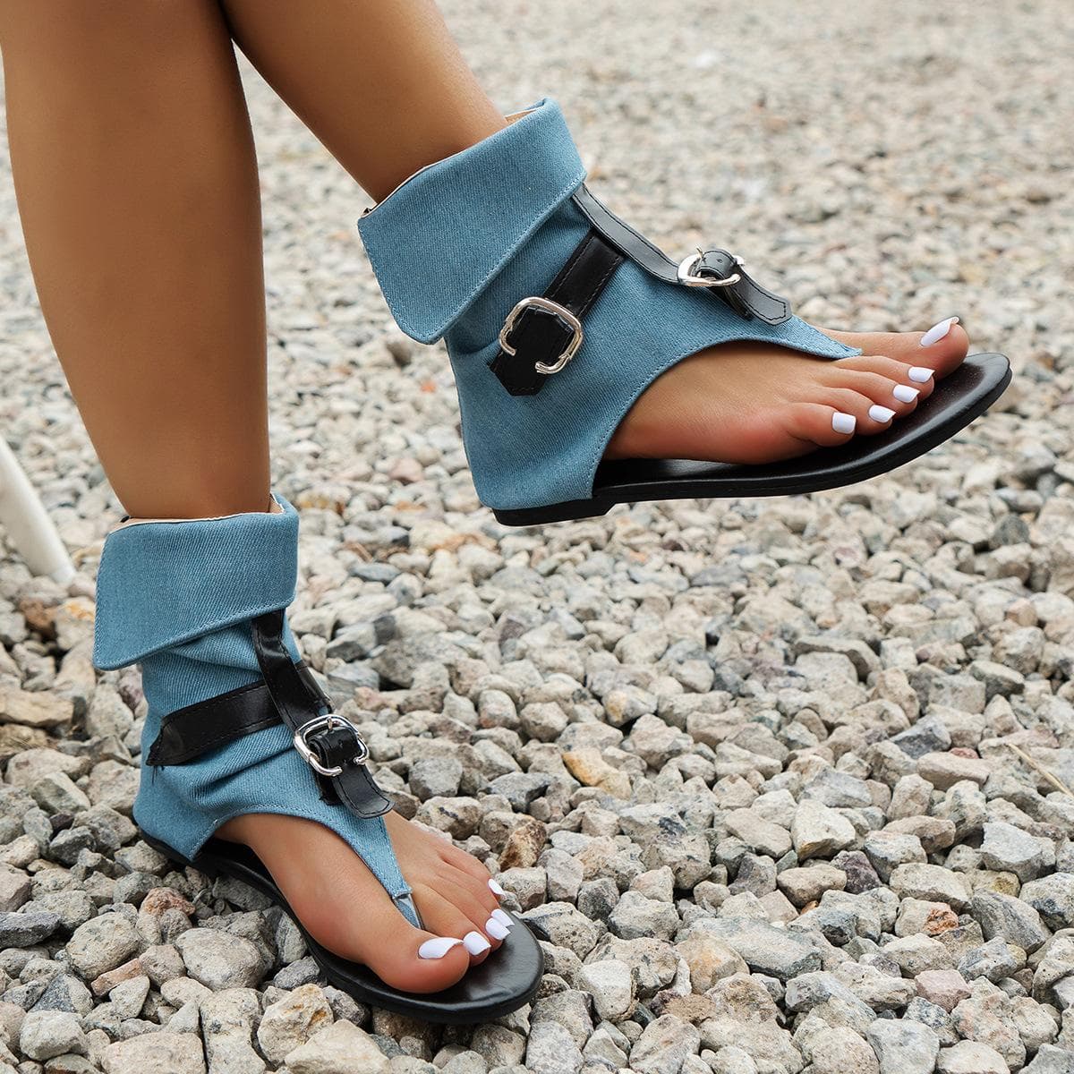 Clip Toe Roman Sandals Denim Belt Buckle Herringbone Flat Boots Women Casual Sandals Rear Zipper Ladies High Top Shoes Summer 40