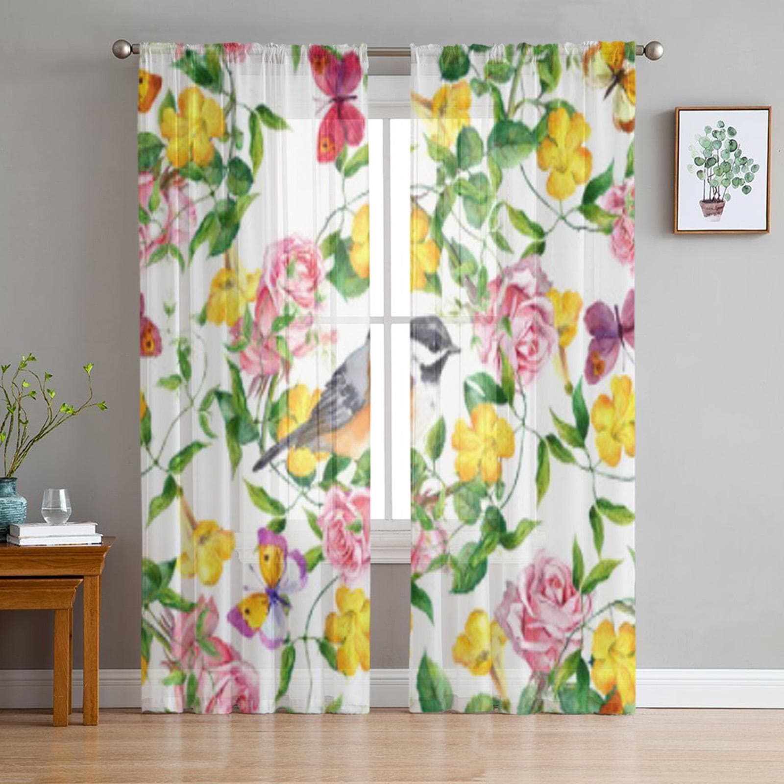 Yellow Flower Bindweed Sheer Curtains for Living Room Transparent Tulle Window Treatments Bedroom Kitchen Home Decor Veil Drapes 135W x 114H(cm)